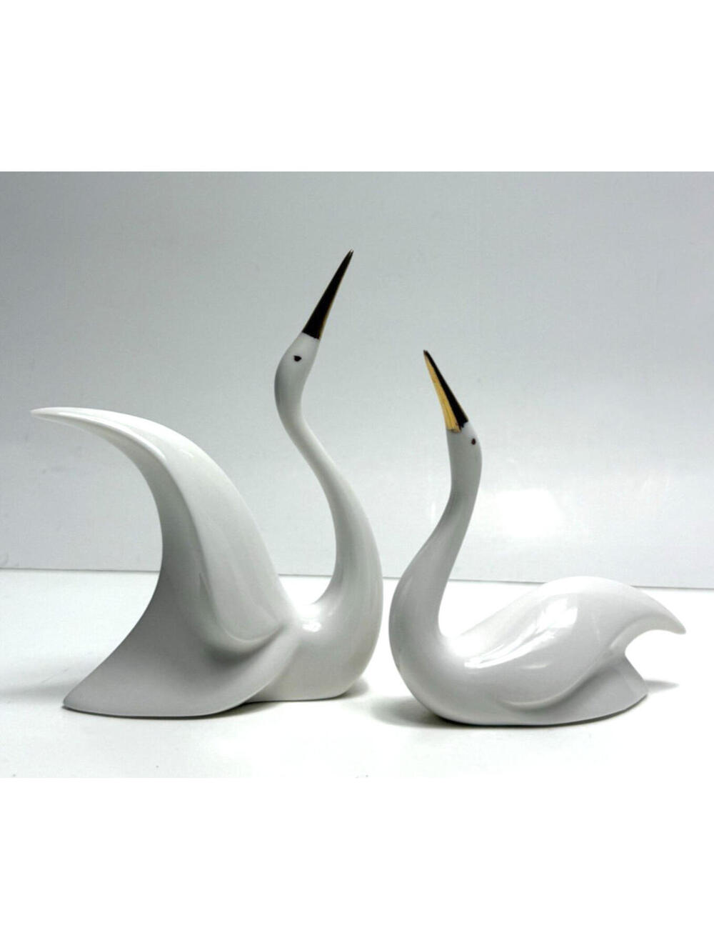 2 Vtg Swan Figurines Mini Abstract Style MCM Porcelain Giftcraft White Gold Beck